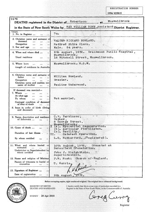 Walter Nowland's death certificate